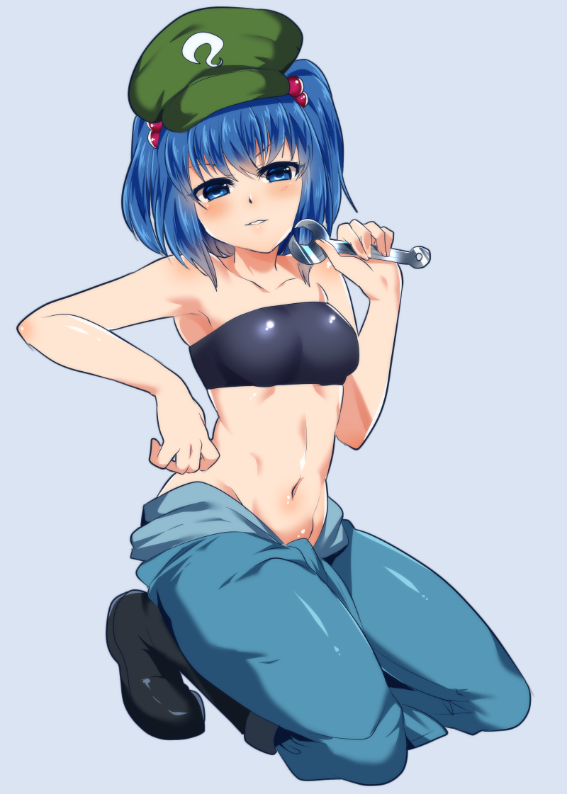 1girl armpits black_footwear blue_eyes blue_hair blue_pants boots bra breasts collarbone full_body green_hat grey_background groin hat holding kawashiro_nitori kneeling looking_at_viewer medium_breasts midriff navel pants parted_lips ruri_tsubame shiny shiny_clothes short_hair simple_background solo stomach strapless strapless_bra touhou underwear