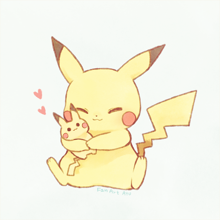 :3 ayu_(mog) black_border border character_doll dot_nose full_body grey_background heart holding_doll no_humans object_hug pikachu pokemon pokemon_(creature) signature simple_background sitting smile