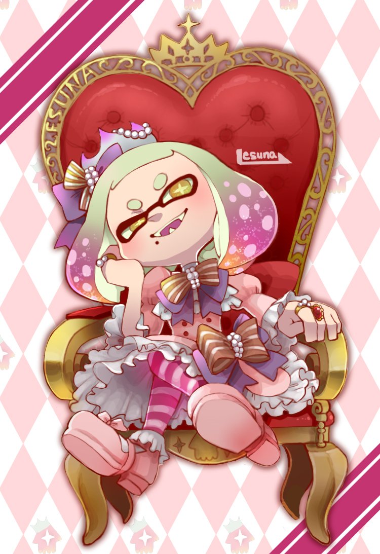 +_+ 1girl :d alternate_costume artist_name bow brown_bow checkered checkered_background crown domino_mask dress fangs frilled_dress frills full_body hair_ornament hime_(splatoon) jewelry legs_crossed lesuna long_sleeves looking_at_viewer mask mini_crown mole mole_under_mouth multicolored_hair open_mouth pearl pink_bow pink_dress pink_hair puffy_long_sleeves puffy_sleeves ring short_hair sitting smile solo splatoon splatoon_2 striped striped_legwear teeth thick_eyebrows throne two-tone_hair white_hair yellow_eyes