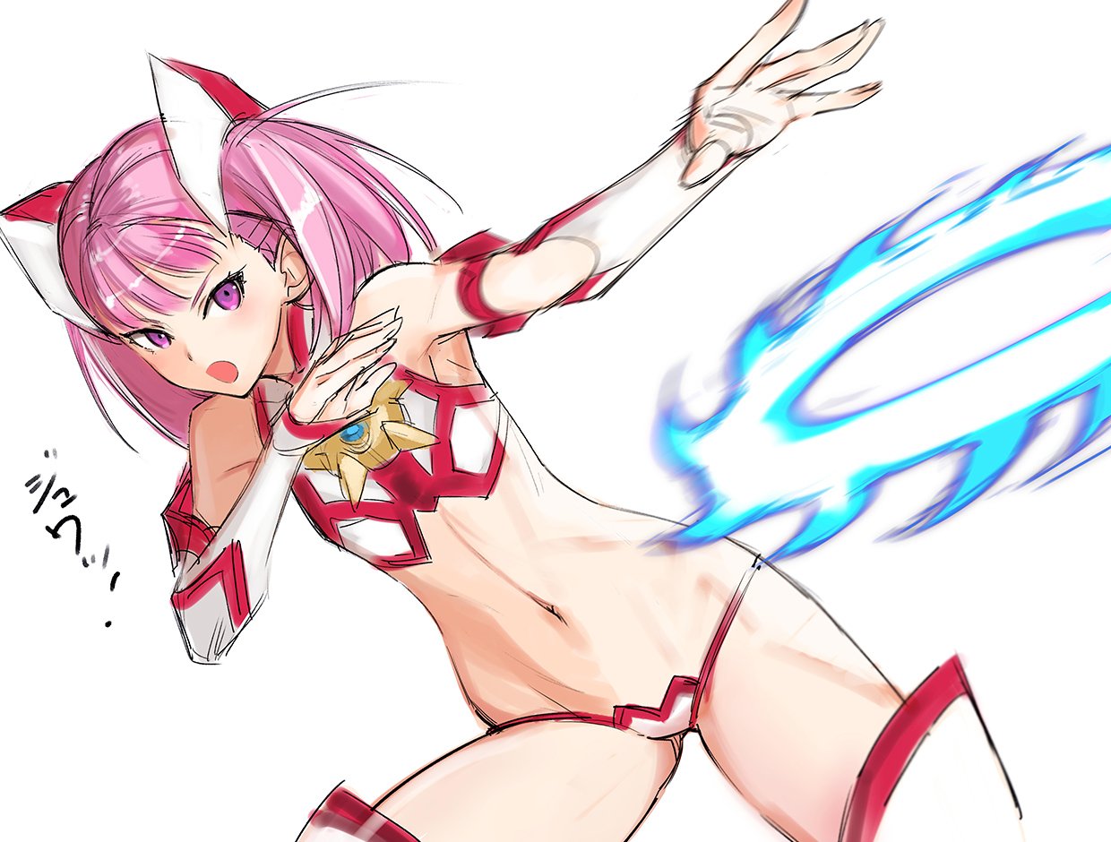 1girl attack bangs bare_shoulders copyright_request cowboy_shot crop_top detached_sleeves flat_chest headgear motion_blur navel open_mouth panties pink_eyes pink_hair simple_background sketch solo tetsu_(kimuchi) thigh-highs twintails underwear v-shaped_eyebrows white_background white_panties