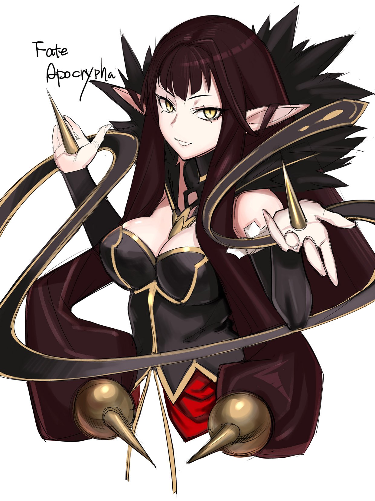 1girl assassin_of_red bare_shoulders black_dress breasts brown_hair cropped_torso dress fate/apocrypha fate_(series) hands_up highres long_hair looking_at_viewer medium_breasts pointy_ears simple_background slit_pupils smile solo spikes tetsu_(kimuchi) upper_body white_background yellow_eyes