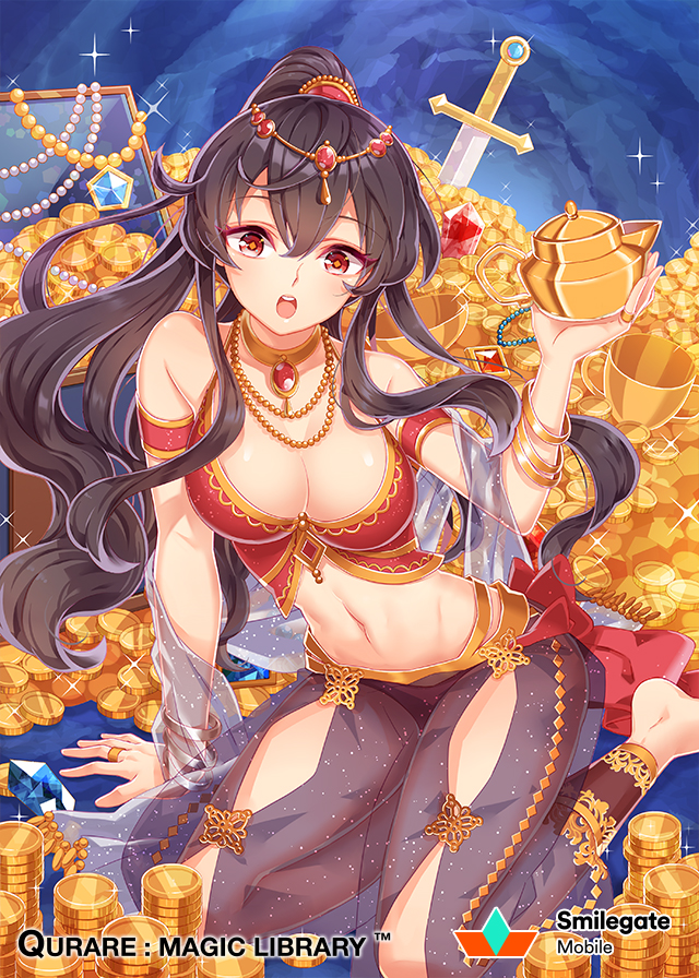 1girl :o ahoge arm_support arm_up armlet bare_shoulders black_hair blush bracelet breasts brown_hair cleavage coin copyright_name crop_top crystal detached_sleeves eyebrows_visible_through_hair gem genie gold hair_between_eyes holding jewelry large_breasts long_hair looking_at_viewer navel necklace official_art open_mouth panties ponytail qurare_magic_library red_panties ring see-through sitting solo underwear watermark zenyu