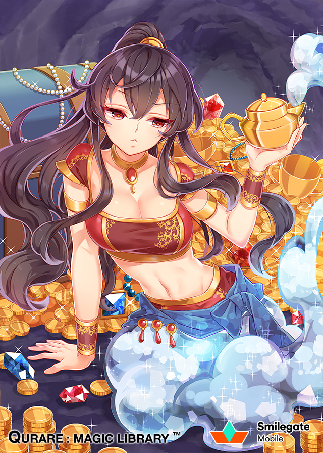 1girl :&lt; ahoge arm_support arm_up armlet black_hair breasts brown_hair choker cleavage coin copyright_name crystal eyebrows_visible_through_hair gem genie gold hair_between_eyes jewelry large_breasts long_hair looking_down midriff navel necklace official_art ponytail pout qurare_magic_library raised_eyebrow sitting skirt smoke solo watermark yellow_choker zenyu