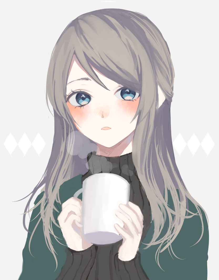1girl blue_eyes blush cup grey_background grey_hair grey_sweater holding holding_cup long_hair long_sleeves looking_at_viewer original p2_(uxjzz) parted_lips ribbed_sweater solo steam sweater upper_body