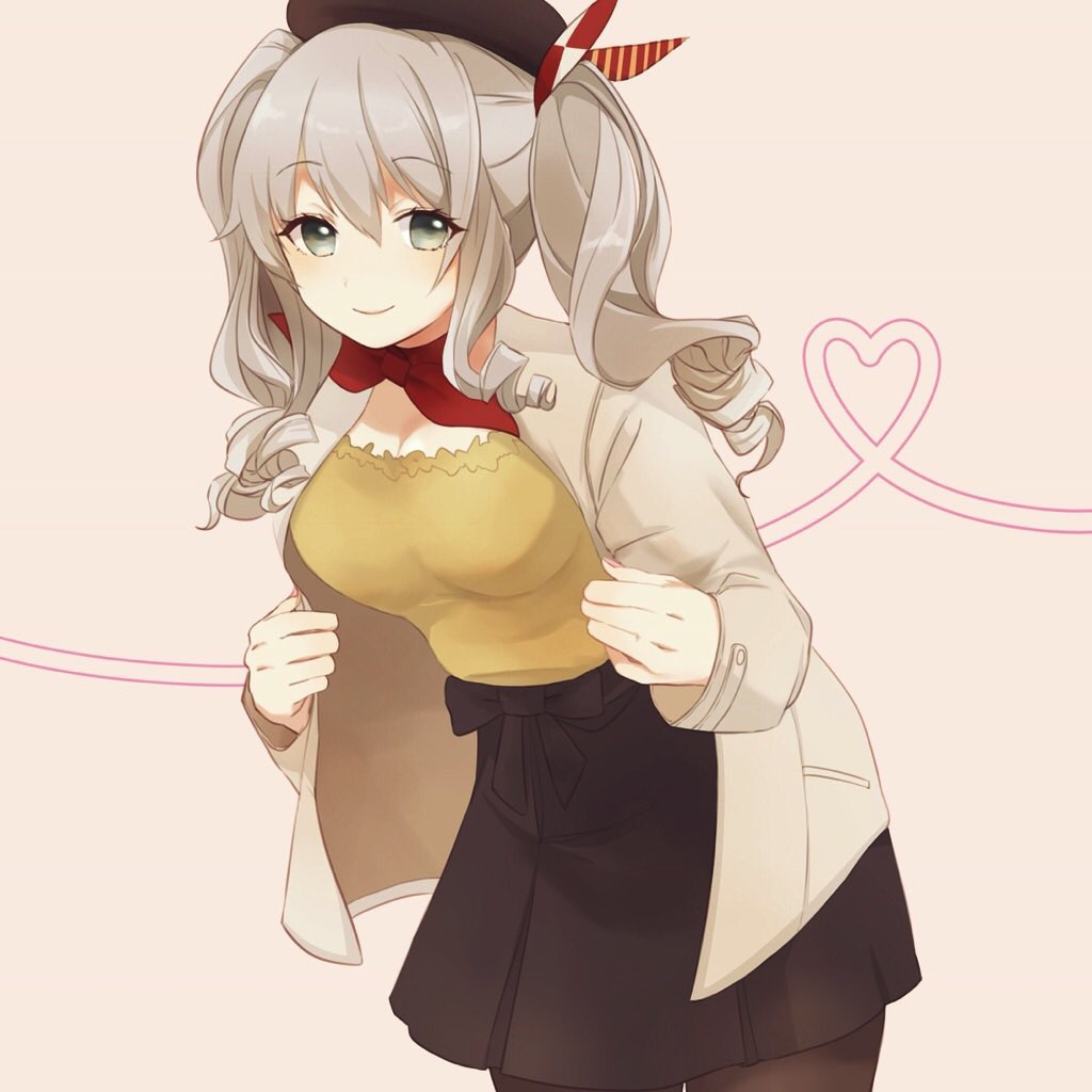 1girl alternate_costume beret black_hat black_legwear black_miniskirt blue_eyes breasts commentary_request eyebrows_visible_through_hair grey_eyes hat heart heart_background jacket kantai_collection kashima_(kantai_collection) kerchief large_breasts long_sleeves looking_at_viewer pantyhose red_neckwear shakemi_(sake_mgmgmg) shirt_under_jacket sidelocks silver_hair smile solo tsurime twintails wavy_hair white_jacket