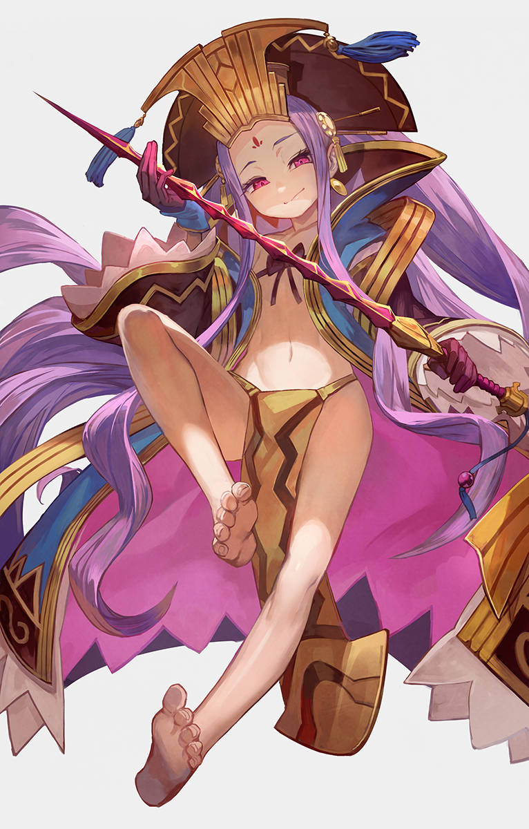 1girl bare_legs barefoot blue_coat closed_mouth coat earrings facial_mark fate/grand_order fate_(series) feet flat_chest forehead_mark full_body gloves hat headpiece highres holding holding_staff jewelry lack long_hair long_sleeves looking_at_viewer multicolored_coat navel pelvic_curtain pink_coat pink_eyes purple_hair revealing_clothes ribbon soles solo staff tiara toes very_long_hair wide_sleeves wu_zetian_(fate/grand_order)