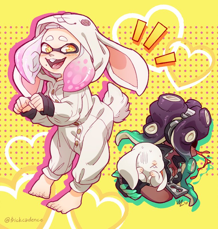 +_+ 2girls animal_costume animal_ears aqua_hair aqua_nails barefoot blood blush bunny_costume bunny_tail cosplay crop_top fang feet fingerless_gloves full_body gloves headphones heart hime_(splatoon) iida_(splatoon) looking_away mole mole_under_mouth multicolored_hair multiple_girls nail_polish no_eyes nosebleed octarian open_mouth pink_hair polka_dot polka_dot_background purple_hair rabbit rabbit_ears simple_background splatoon splatoon_2 sweat symbol-shaped_pupils tail tentacle_hair twitter_username two-tone_hair white_hair yellow_background yellow_eyes zipper zipper_pull_tab