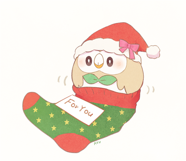 ayu_(mog) black_border blush border christmas commentary_request english full_body hat hat_ribbon no_humans pink_ribbon pokemon pokemon_(creature) pokemon_(game) pokemon_sm ribbon rowlet santa_hat signature simple_background socks white_background