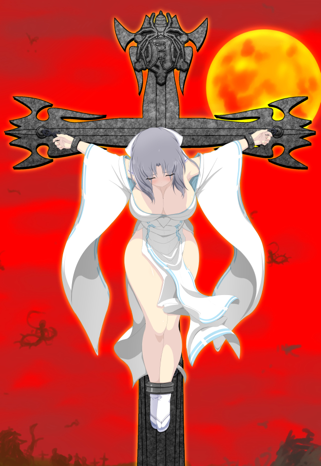 1girl armpits bangs bare_legs bare_shoulders breasts cleavage closed_eyes commentary_request cross crucifixion full_body grey_hair hair_ribbon hanging_breasts head_down japanese_clothes large_breasts legs_together loincloth long_sleeves moon off_shoulder outdoors parted_bangs red_moon red_sky restrained ribbon ribbon-trimmed_sleeves ribbon_trim senran_kagura senran_kagura_(series) short_hair sky socks solo stationary_restraints tabi tom-supaiku white_legwear white_ribbon wide_sleeves yumi_(senran_kagura)