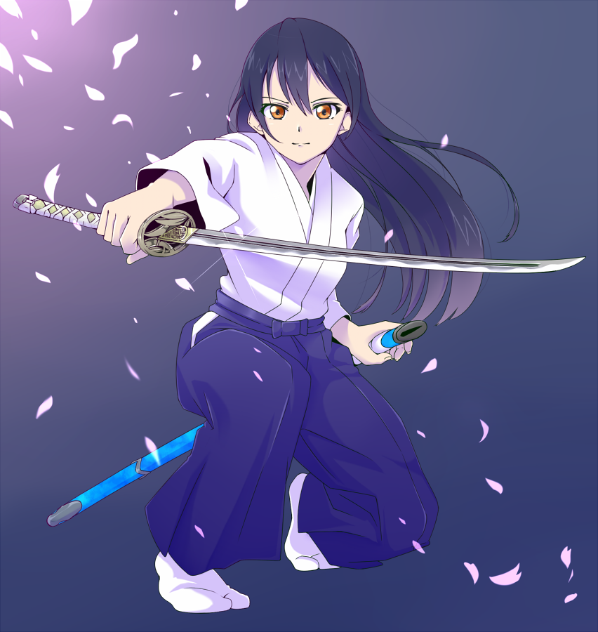 1girl bangs black_hair blue_background blue_pants closed_mouth commentary_request egooo female full_body habaki hair_between_eyes hakama holding holding_sword holding_weapon japanese_clothes katana kojiri long_hair looking_at_viewer love_live! love_live!_school_idol_project orange_eyes pants petals same-hada saya_(scabbard) sheath simple_background solo sonoda_umi squatting sword tabi tsuba_(guard) tsuka-ito tsuka_(handle) weapon