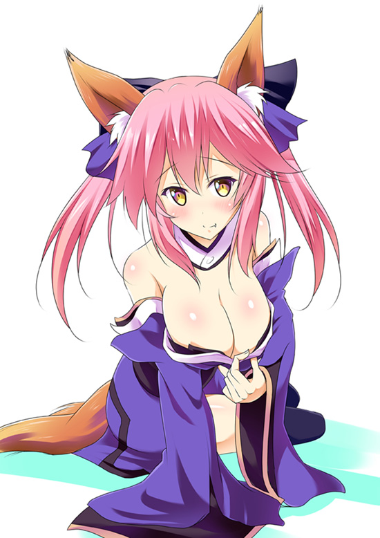 10s animal_ears blue_legwear blush breasts cleavage detached_sleeves fate/extra fate/extra_ccc fate/grand_order fate_(series) fox_ears fox_tail hair_ribbon large_breasts pink_hair pony_r ribbon tail tamamo_(fate)_(all) tamamo_no_mae_(fate) yellow_eyes