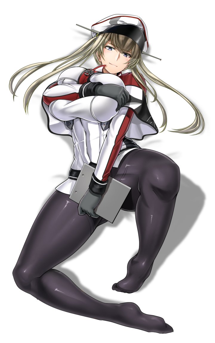 &gt;:) 10s 1girl bangs black_gloves black_legwear blonde_hair blush breast_press breasts capelet celtic_knot full_body gloves graf_zeppelin_(kantai_collection) grey_eyes hair_between_eyes hat impossible_clothes iron_cross kantai_collection large_breasts long_sleeves looking_at_viewer military military_hat military_uniform miniskirt pantyhose peaked_cap saizu_nitou_gunsou sidelocks skirt smile solo twintails uniform white_hat