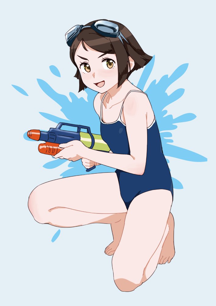 &gt;:d 10s 1girl :d alternate_costume barefoot black_hair blue_background brown_eyes commentary goggles goggles_on_head kantai_collection looking_at_viewer ojipon one-piece_swimsuit one_knee open_mouth short_hair smile solo swimsuit tanikaze_(kantai_collection) water_gun