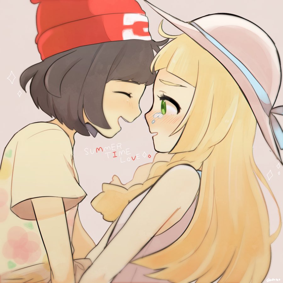 2girls beanie black_hair blonde_hair blush braid closed_eyes dress eye_contact green_eyes hat lillie_(pokemon) long_hair looking_at_another mizuki_(pokemon_sm) multiple_girls open_mouth pokemon pokemon_(game) pokemon_sm red_hat short_hair siroromo sleeveless sleeveless_dress sun_hat tears twin_braids white_dress white_hat yuri