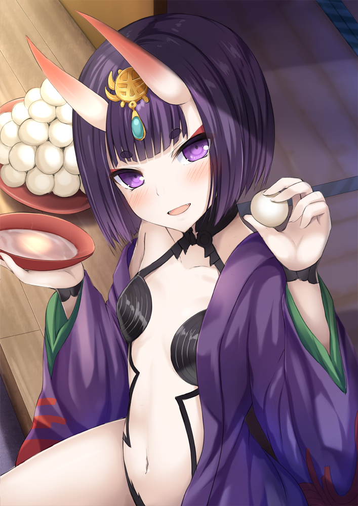 1girl :d bangs bare_shoulders blunt_bangs blush collarbone cup eyebrows_visible_through_hair eyeshadow fangs fate/grand_order fate_(series) flat_chest food food_request holding holding_cup holding_food japanese_clothes kimono long_sleeves looking_at_viewer makeup navel off_shoulder on_floor oni open_mouth purple_hair purple_kimono revealing_clothes sakazuki shuten_douji_(fate/grand_order) sitting smile stomach taiki_ken thighs violet_eyes wide_sleeves wooden_floor