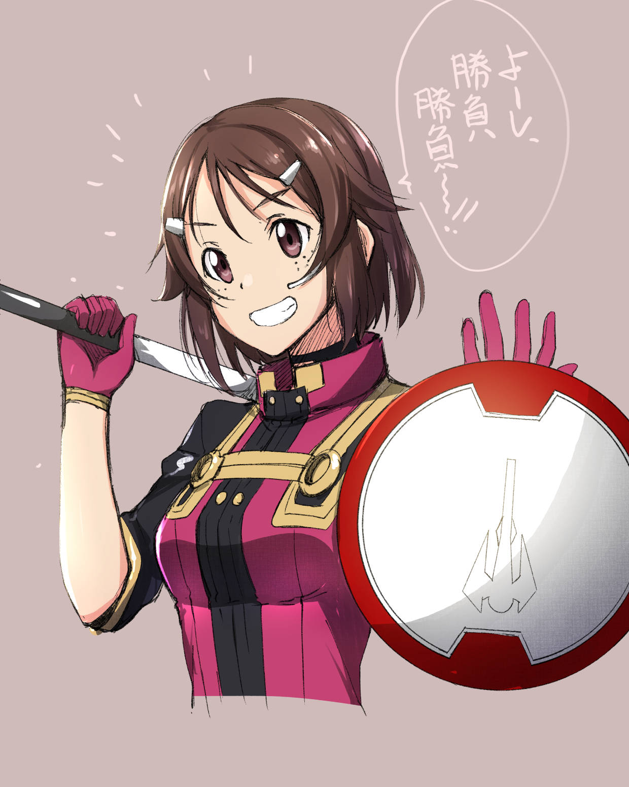 1girl augma brown_eyes brown_hair cropped_torso gloves grey_background grin hair_ornament hairclip highres holding holding_shield holding_weapon lisbeth red_gloves shield short_hair simple_background sketch smile solo sword_art_online upper_body weapon yu-ta