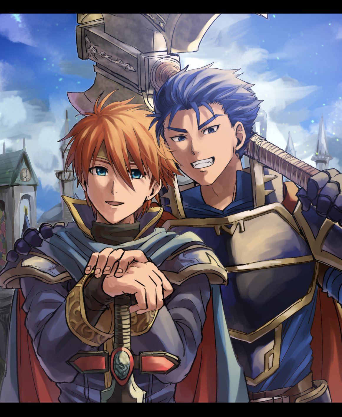 2boys :d armor axe battle_axe black_armor blue_cape blue_eyes blue_hair building cape clenched_teeth day eliwood eliwood_(fire_emblem) fangs fire_emblem fire_emblem:_rekka_no_ken friends h hair_between_eyes hand_on_another's_shoulder hands_together hector hector_(fire_emblem) highres holding holding_axe holding_sword holding_weapon kometubu0712 long_sleeves looking_at_viewer male_focus matching_hair/eyes multiple_boys neck nintendo open_mouth outdoors redhead short_hair sky smile standing sword teeth tiara turtleneck upper_body weapon