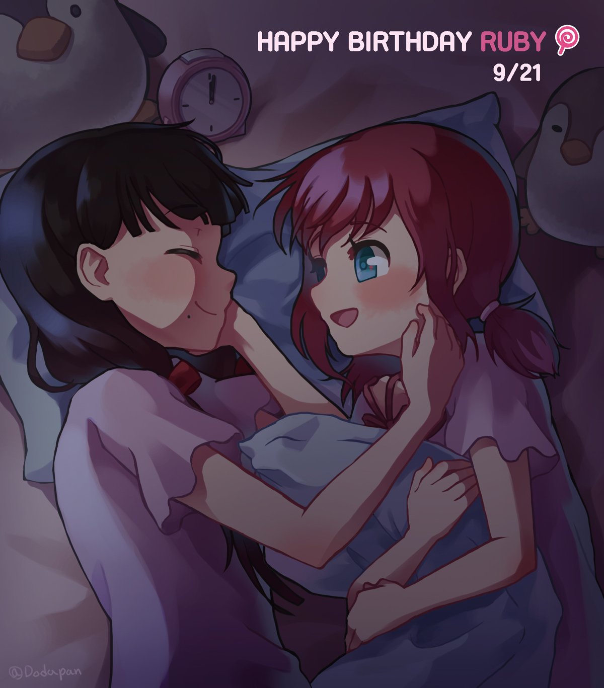 2girls :d ^_^ alarm_clock aqua_eyes bangs black_hair blush character_name chin_rest clock closed_eyes dated dodapan hair_over_shoulder hand_on_another's_cheek hand_on_another's_face happy_birthday highres kurosawa_dia kurosawa_ruby long_hair looking_at_another love_live! love_live!_sunshine!! low-tied_long_hair lying mole mole_under_mouth multiple_girls night on_side open_mouth pajamas pillow pillow_hug shared_pillow short_sleeves siblings sisters smile stuffed_animal stuffed_penguin stuffed_toy twintails twitter_username
