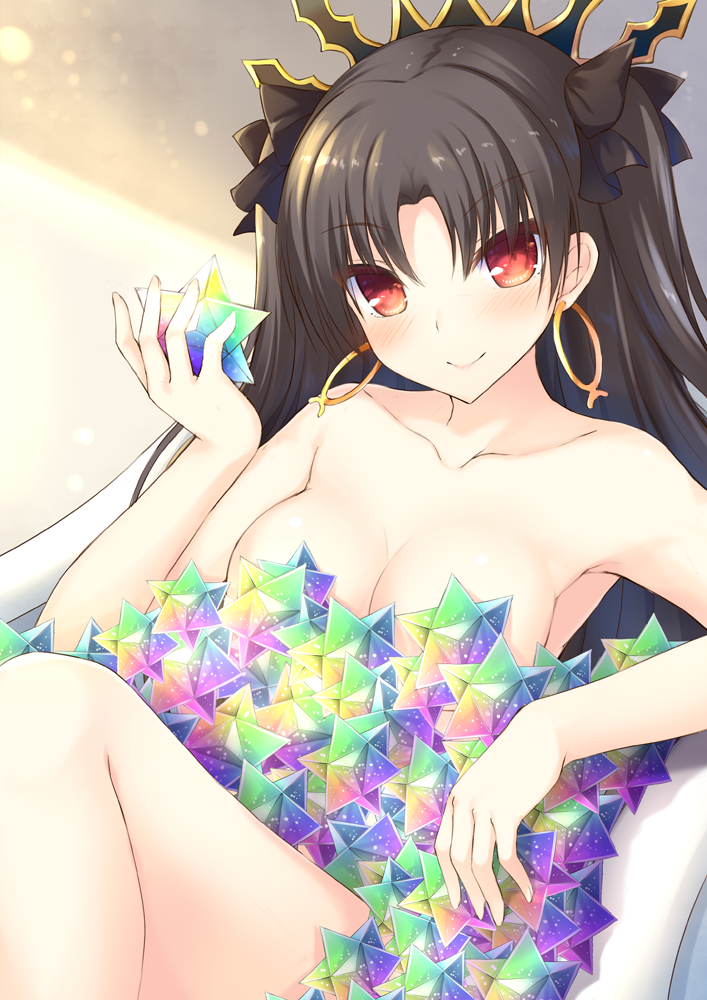 1girl armpits bangs bathtub blush breasts cleavage closed_mouth collarbone earrings eyebrows_visible_through_hair fate/grand_order fate_(series) gem holding hoop_earrings ishtar_(fate/grand_order) jewelry light lips long_hair medium_breasts nude parted_bangs red_eyes shiny shiny_hair smile solo taiki_ken thighs tiara tohsaka_rin two_side_up