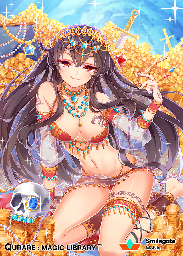 1girl :3 :q ahoge arm_support arm_up armlet bare_shoulders black_hair breasts brown_hair coin copyright_name detached_sleeves eyebrows_visible_through_hair gem genie gold hair_between_eyes hand_tattoo holding jewelry large_breasts legband leglet licking_lips long_hair looking_at_viewer navel necklace official_art panties qurare_magic_library red_eyes red_panties revealing_clothes see-through sitting skull smile solo sword tongue tongue_out underwear watermark weapon wristband zenyu