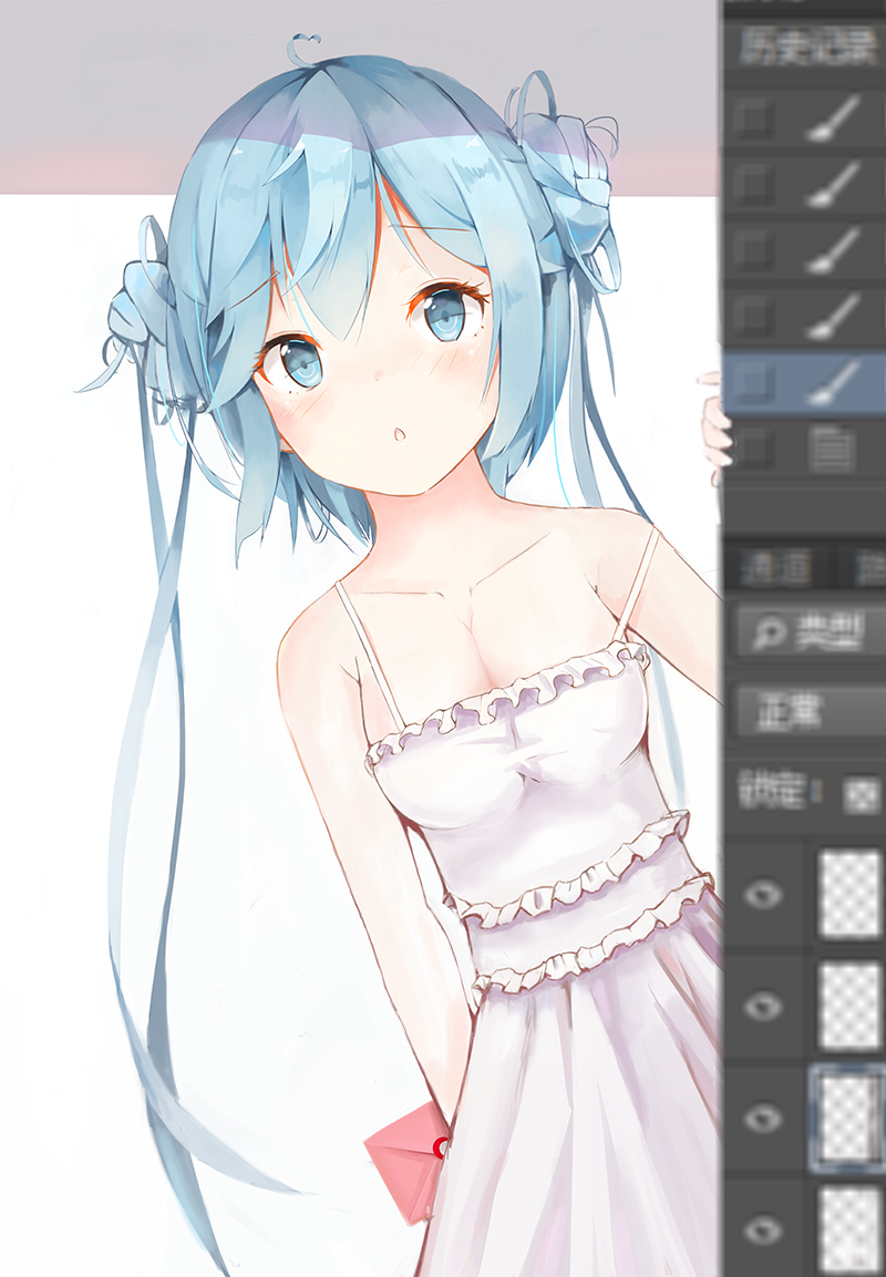 1girl adobe_photoshop blue_eyes blue_hair breasts cleavage collarbone dress eyebrows_visible_through_hair hatsune_miku holding_letter leaning_to_the_side long_hair looking_at_viewer medium_breasts sleeveless sleeveless_dress solo sundress twintails very_long_hair vocaloid white_dress yu_(729835849)