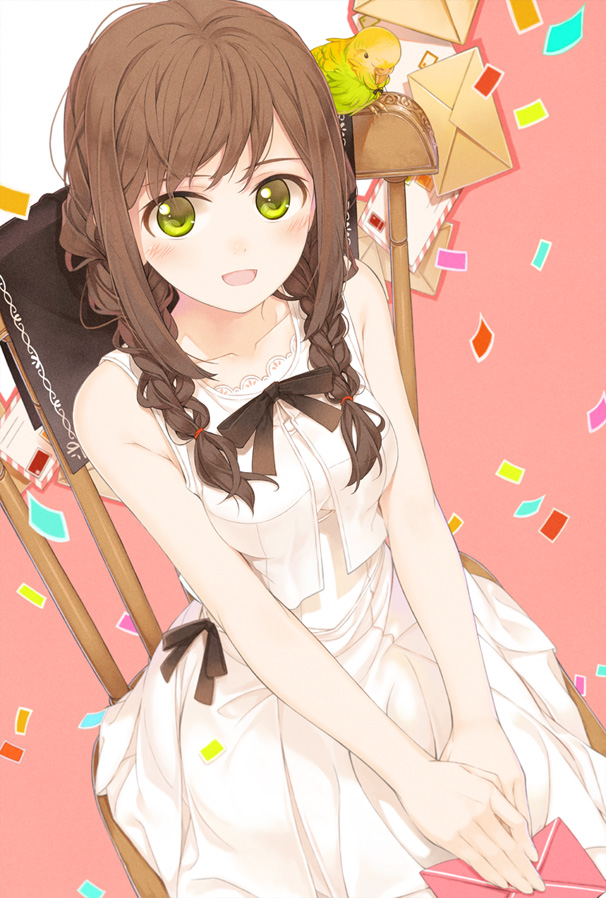 1girl :d amamiya_chiharu bangs bird blush braid brown_hair chair confetti dress envelope eyebrows_visible_through_hair green_eyes holding letter long_hair looking_at_viewer open_mouth original parrot pink_background sidelocks simple_background sitting smile solo twin_braids white_dress