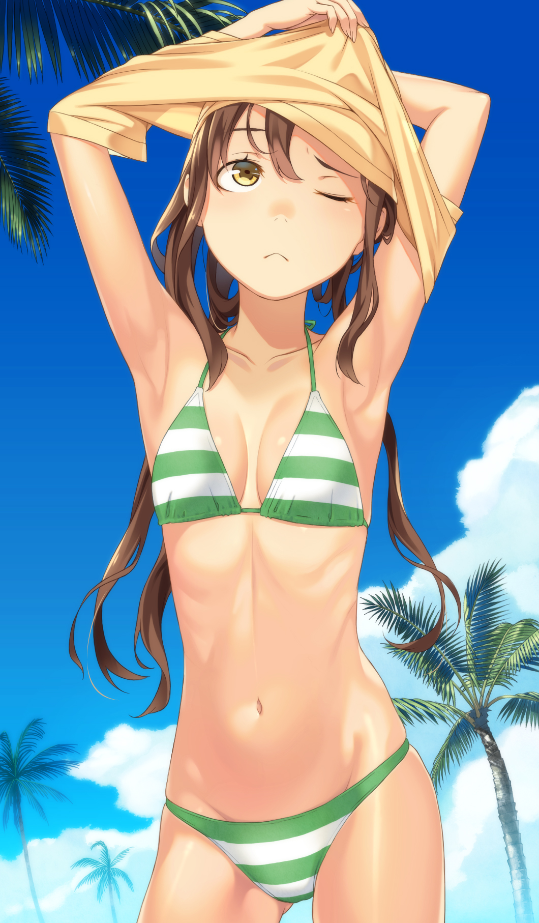 1girl ;&lt; armpits arms_up bikini blue_sky breasts brown_hair closed_mouth clouds cloudy_sky collarbone contrapposto cowboy_shot day gluteal_fold green_bikini highres kimura_(ykimu) long_hair looking_up navel original outdoors palm_tree shirt_lift shirt_over_head simple_background sky small_breasts solo striped striped_bikini swimsuit tree twintails undressing white_background yellow_eyes