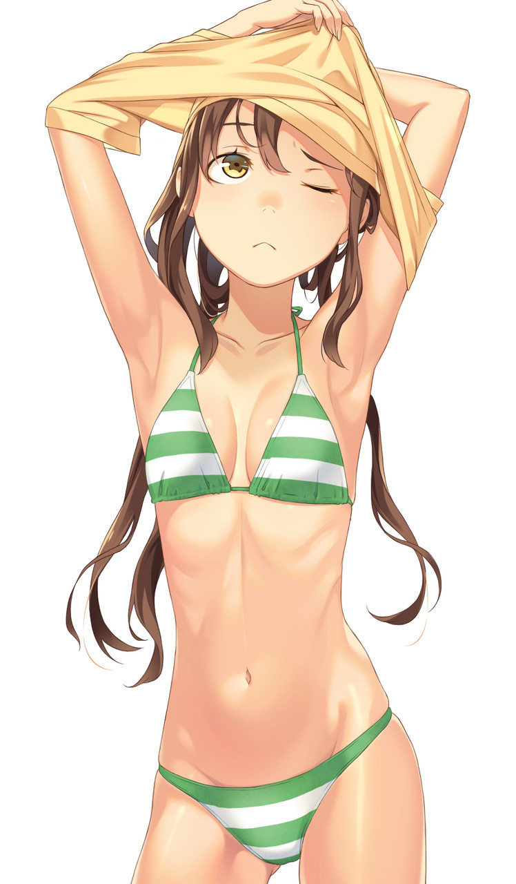 1girl ;&lt; armpits arms_up bikini breasts brown_hair closed_mouth collarbone contrapposto cowboy_shot gluteal_fold highres kimura_(ykimu) long_hair looking_up navel original shirt_lift shirt_over_head simple_background small_breasts solo striped striped_bikini swimsuit twintails white_background yellow_eyes