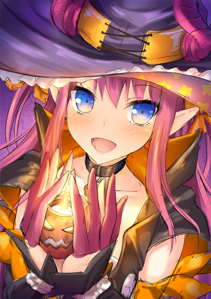 1girl :d alternate_costume black_choker blue_eyes blush candle collarbone detached_sleeves earrings eyebrows_visible_through_hair fangs fate/extra fate/extra_ccc fate/grand_order fate_(series) food_themed_earrings halloween_costume hat holding horns_through_headwear jack-o'-lantern jewelry lancer_(fate/extra_ccc) long_hair long_sleeves open_mouth pendant pink_hair pointy_ears pumpkin pumpkin_earrings purple_hat sidelocks smile star star_print taiki_ken upper_body witch_hat