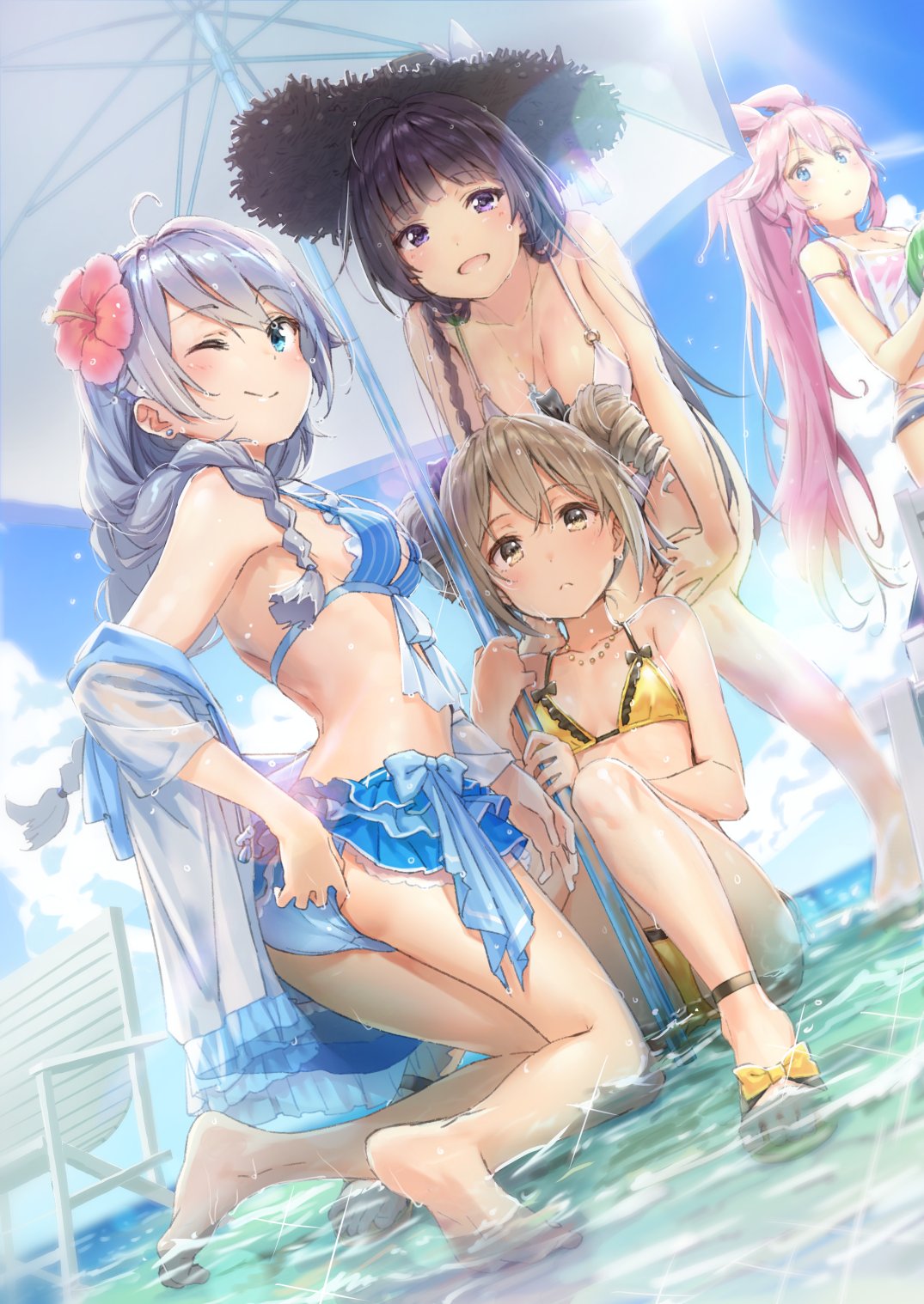 4girls :d ;) animal_ears artist_request ass barefoot beach_umbrella benghuai_xueyuan bikini bikini_skirt blue_bikini blue_eyes blue_sky blush braid breasts bronya_zaychik brown_eyes brown_hair chair day drill_hair dutch_angle earrings eyebrows_visible_through_hair flower food from_behind fruit hair_flower hair_ornament hair_over_shoulder hands_on_own_knees hat highres honkai_impact jewelry kiana_kaslana kneeling large_breasts layered_bikini lens_flare long_hair looking_at_viewer looking_back lounge_chair medium_breasts multiple_girls necklace o-ring_bikini o-ring_top off_shoulder one_eye_closed open_mouth outdoors pink_bikini pink_hair ponytail purple_hair raiden_mei sandals see-through shirt short_twintails side_braid silver_hair sitting sky small_breasts smile straw_hat stud_earrings sunlight swimsuit twin_drills twintails umbrella very_long_hair violet_eyes wading watermelon wet wet_clothes wet_hair wet_shirt white_bikini yae_sakura_(benghuai_xueyuan) yellow_bikini