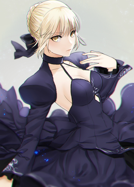 1girl artoria_pendragon_(all) bangs black_ribbon blonde_hair blurry breasts cleavage closed_mouth collarbone depth_of_field dress expressionless eyebrows_visible_through_hair fate/stay_night fate_(series) from_side grey_background hair_ribbon halter_dress hand_on_own_chest hand_up juliet_sleeves kanameyura long_sleeves looking_at_viewer looking_to_the_side medium_breasts puffy_sleeves purple_dress ribbon saber_alter short_hair simple_background solo upper_body yellow_eyes