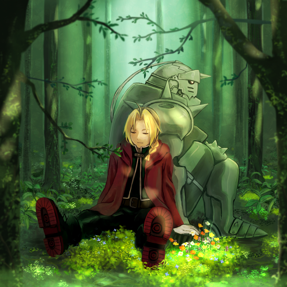 2boys alphonse_elric armor back-to-back belt black_pants black_shirt blonde_hair boots braid branch brothers closed_eyes coat edward_elric flower full_armor fullmetal_alchemist gloves grass happy leaf male_focus multiple_boys nature pants red_coat shirt siblings sitting sleeping sleeping_on_person smile sunlight tree