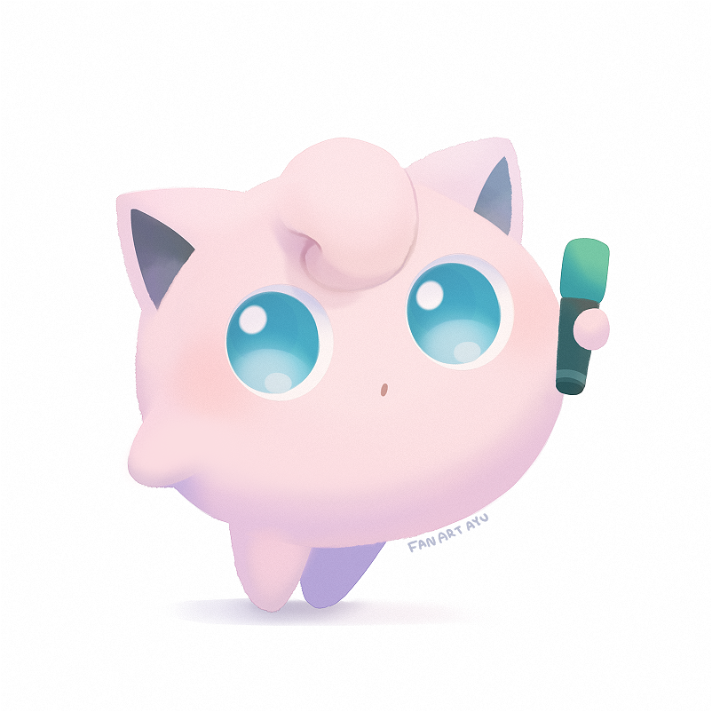 ayu_(mog) black_border blue_eyes border full_body holding holding_microphone jigglypuff looking_at_viewer microphone no_humans parted_lips pokemon pokemon_(creature) signature simple_background standing white_background