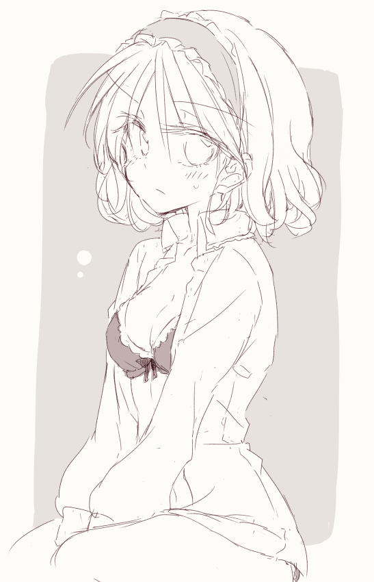 1girl alice_margatroid between_legs blush bra breasts cleavage commentary_request greyscale hair_between_eyes hairband hand_between_legs kneeling long_sleeves looking_at_viewer medium_breasts monochrome open_clothes open_shirt satou_kibi shirt sketch solo sweatdrop touhou underwear