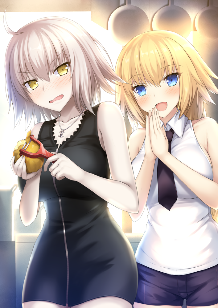 2girls :d ahoge bangs bare_arms bare_shoulders black_dress black_neckwear blonde_hair blue_eyes blush braid breasts collarbone collared_shirt cowboy_shot dress embarrassed eyebrows_visible_through_hair fate/apocrypha fate/grand_order fate_(series) food holding holding_food indoors jeanne_alter jewelry kitchen large_breasts long_hair looking_at_viewer multiple_girls necklace necktie open_mouth own_hands_together palms_together peeler pendant pot potato purple_shorts ruler_(fate/apocrypha) shirt short_dress short_hair short_shorts shorts sideboob silver_hair single_braid sleeveless sleeveless_shirt smile standing taiki_ken v-shaped_eyebrows very_long_hair wavy_mouth white_shirt wing_collar yellow_eyes