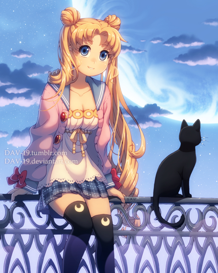 1girl bishoujo_senshi_sailor_moon blonde_hair blue_eyes breasts cat cleavage clouds dav-19 double_bun fence hair_bun long_hair looking_at_viewer luna_(sailor_moon) medium_breasts moon parted_lips sailor_collar sitting skirt sky smile solo star_(sky) starry_sky sweater tsukino_usagi