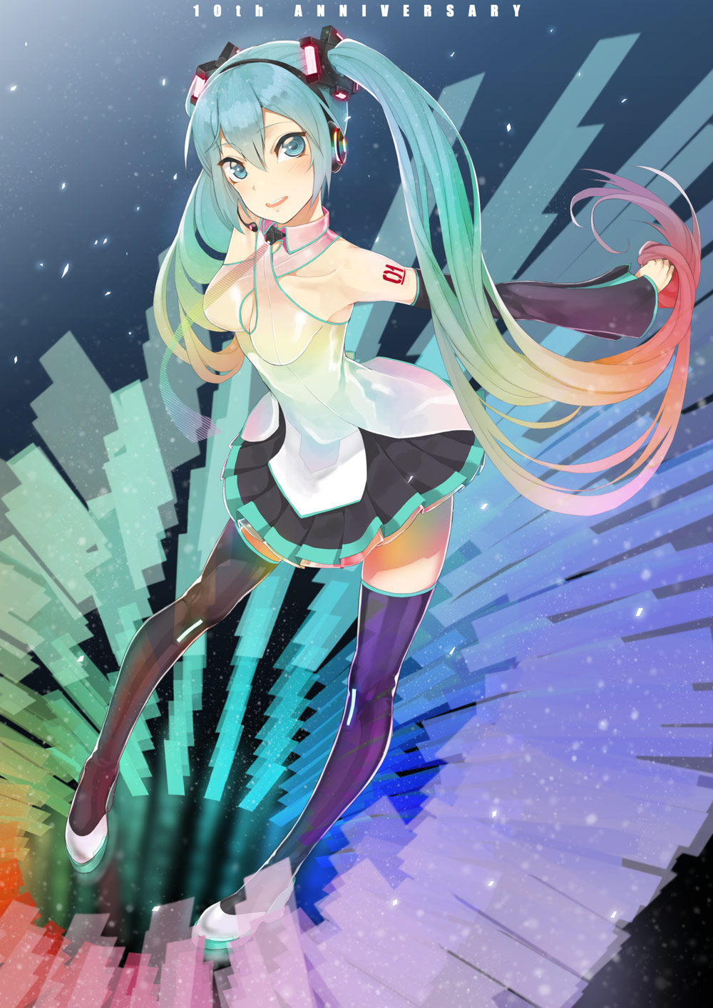 1girl :d animal_ears aqua_hair black_legwear blush breasts cleavage collarbone hatsune_miku headset highres long_hair looking_at_viewer necktie open_mouth skirt smile solo teeth thigh-highs throtem twintails very_long_hair vocaloid
