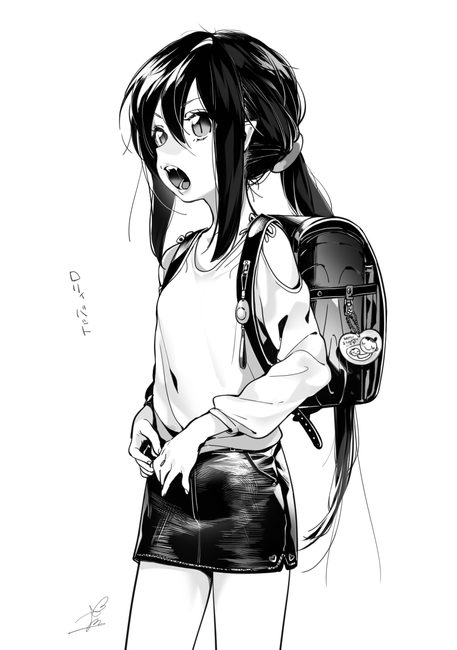 1girl backpack bag child cowboy_shot fangs greyscale hair_between_eyes highres lady_bat long_hair looking_at_viewer mermaid_melody_pichi_pichi_pitch monochrome open_mouth pencil_skirt pointy_ears ponytail randoseru school_bag shirt shoulder_cutout signature simple_background skirt slit_pupils solo standing translation_request very_long_hair white_background wntame younger