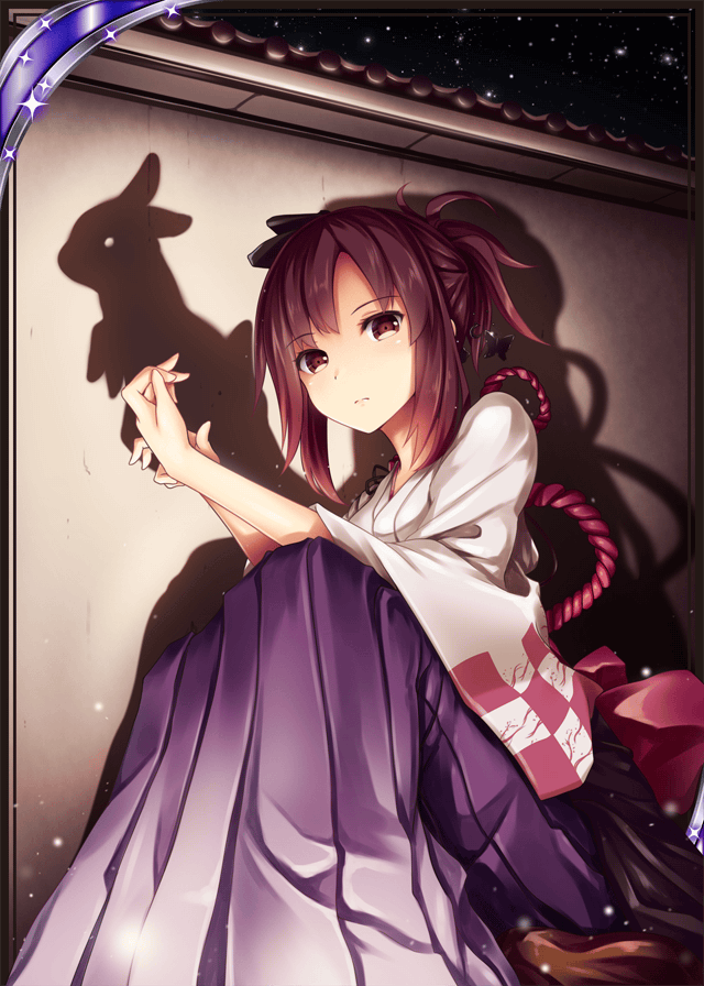 1girl akkijin brown_eyes brown_hair card_(medium) japanese_clothes looking_at_viewer night night_sky outdoors rabbit shadow shinkai_no_valkyrie sitting sky solo star_(sky) starry_sky