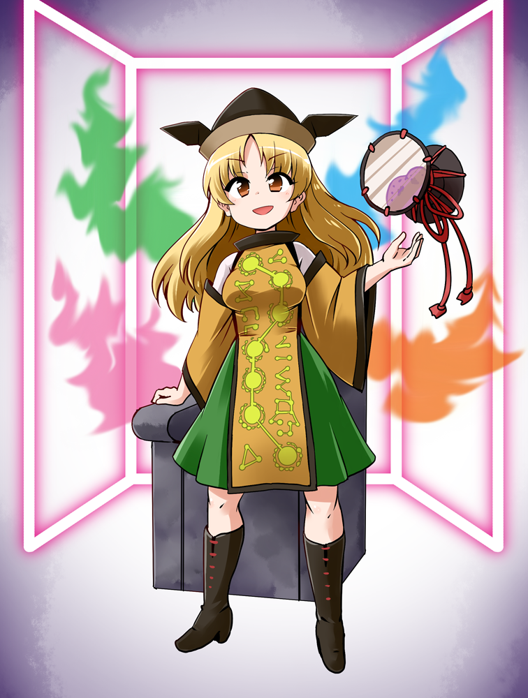 1girl :d aura black_footwear blonde_hair boots breasts commentary_request constellation_print couch detached_sleeves door eyebrows_visible_through_hair floating_object full_body green_skirt hat knee_boots kousei_(public_planet) long_hair matara_okina medium_breasts open_mouth skirt smile solo tabard touhou undershirt wide_sleeves yellow_eyes