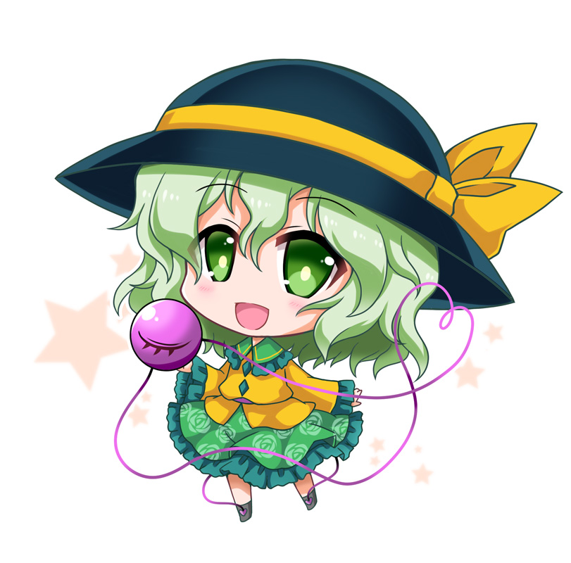 1girl :d black_footwear black_hat blush chibi commentary_request eyeball eyebrows_visible_through_hair floral_print frilled_shirt_collar frilled_skirt frilled_sleeves frills full_body green_eyes green_hair green_skirt hair_between_eyes hat hat_ribbon heart heart_of_string komeiji_koishi long_sleeves looking_at_viewer noai_nioshi open_mouth print_skirt ribbon shirt shoes skirt smile solo standing star starry_background string third_eye touhou white_background wide_sleeves wing_collar yellow_ribbon yellow_shirt