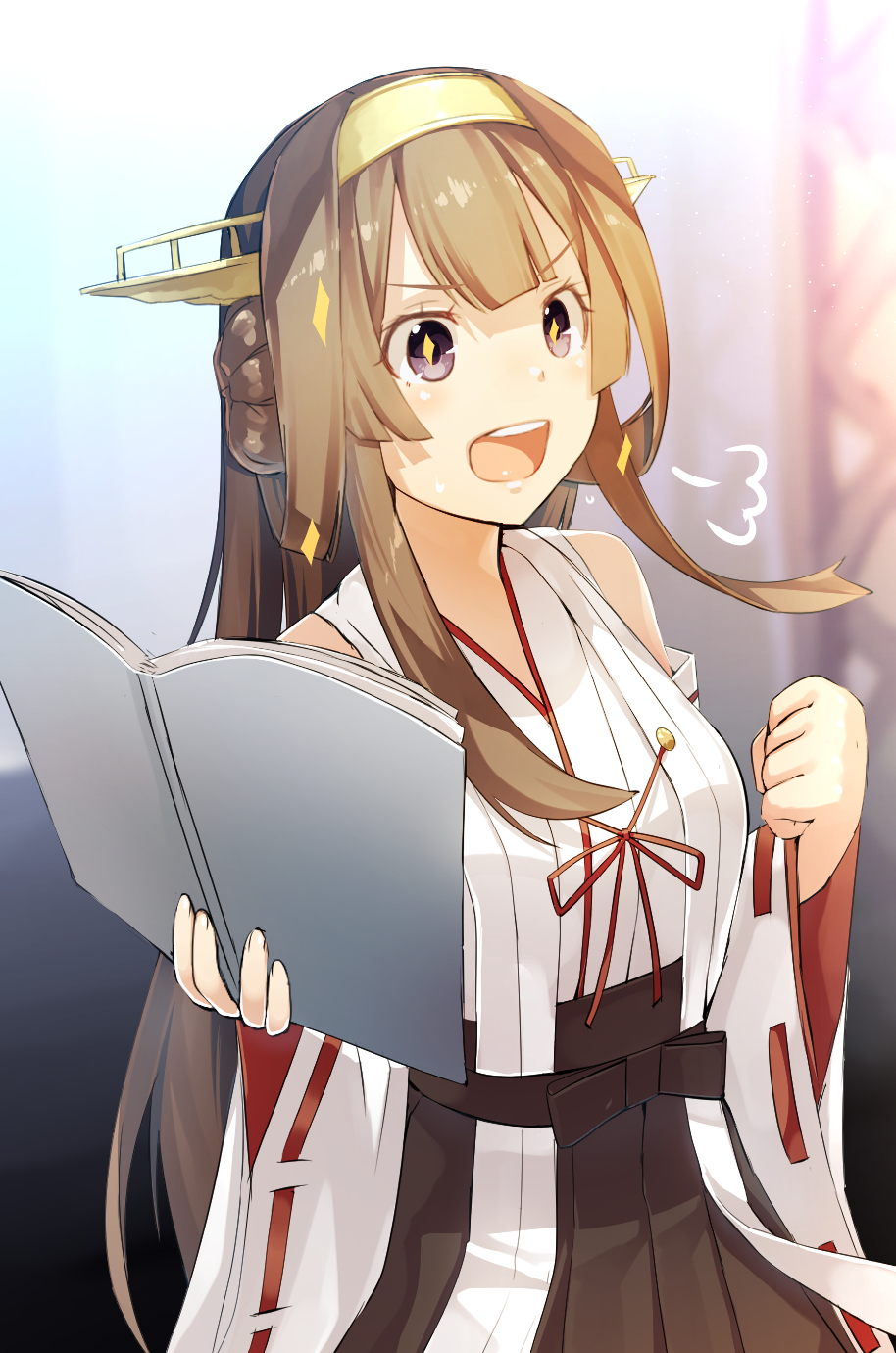 +_+ 10s 1girl :d =3 bangs black_skirt blurry blush book brown_hair clenched_hand depth_of_field detached_sleeves eyebrows_visible_through_hair hakama_skirt hand_up headband highres kantai_collection kongou_(kantai_collection) meth_(emethmeth) nontraditional_miko open_book open_mouth pleated_skirt ribbon-trimmed_sleeves ribbon_trim rigging sidelocks skirt smile solo sparkle teeth upper_body violet_eyes