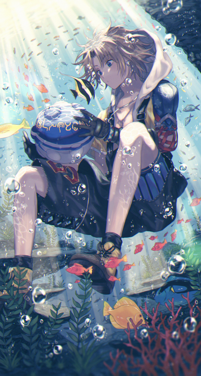 1boy air_bubble asymmetrical_clothes ball blitzball blonde_hair blue_eyes bubble coral earrings final_fantasy final_fantasy_x fish gloves highres holding_breath hood humiyooo jewelry necklace overalls scenery seaweed shoes short_hair shorts sneakers solo sunlight tidus underwater water