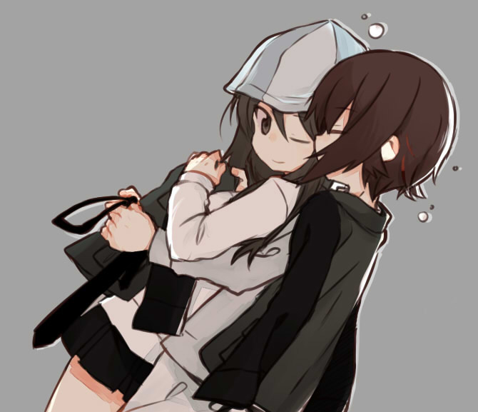 2girls bangs black_jacket black_neckwear black_skirt blouse blue_hat brown_eyes brown_hair brown_pants casual closed_eyes closed_mouth couple cowboy_shot fud girls_und_panzer grey_background grey_jacket hat hug hug_from_behind jacket jacket_on_shoulders long_hair long_sleeves looking_at_another looking_back mika_(girls_und_panzer) miniskirt multiple_girls necktie nishizumi_maho one_eye_closed pants pleated_skirt selection_university_military_uniform short_hair simple_background skirt sleepy smile standing white_blouse yuri