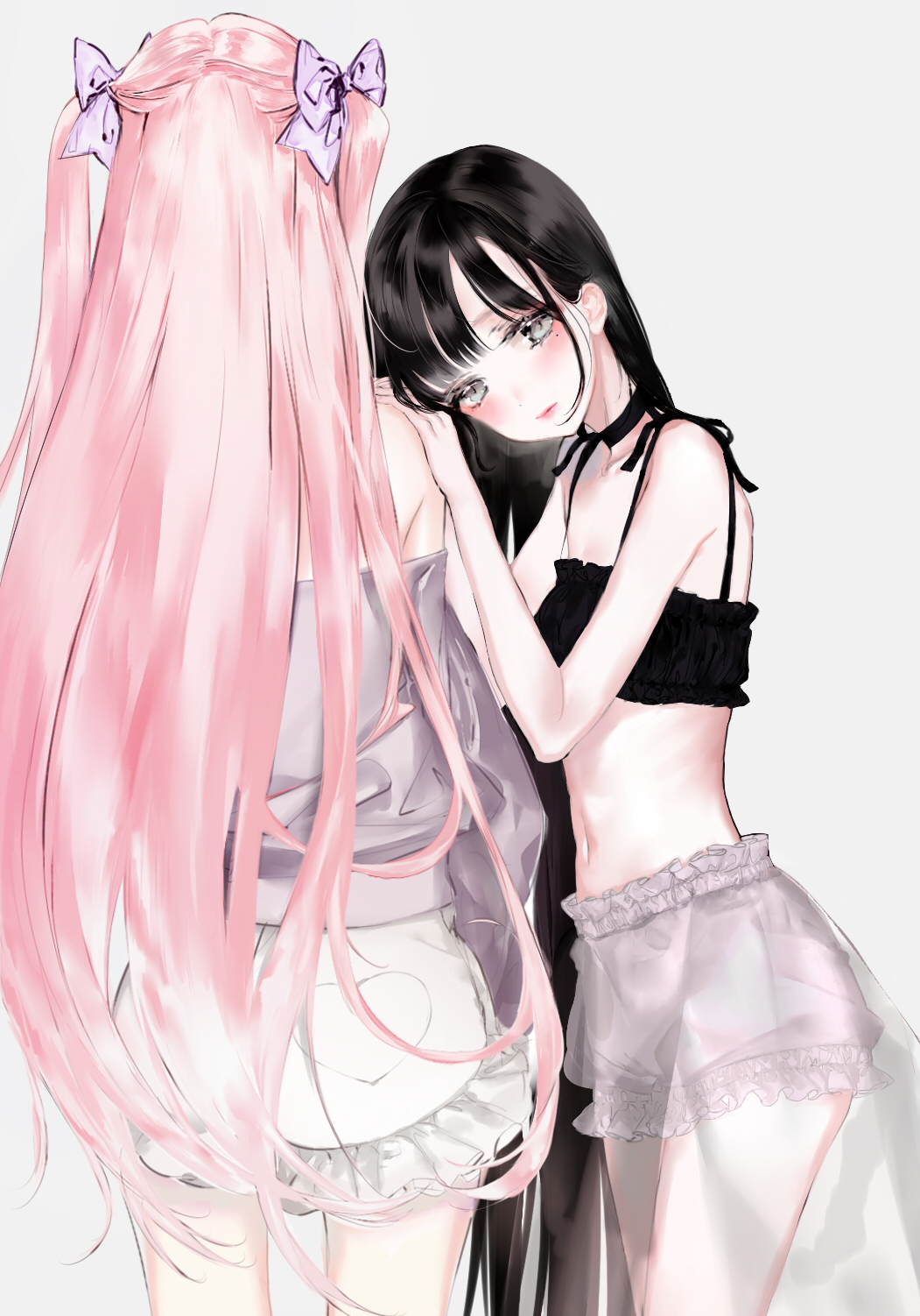 2girls bangs bare_shoulders black_bra black_hair bloomers blush bow bra closed_mouth frilled_bra frilled_skirt frills grey_background grey_eyes grey_eyes grey_shirt hair_bow half-closed_eyes heart heart_print highres lips long_hair long_sleeves looking_at_viewer multiple_girls navel off-shoulder_shirt original pink_hair purple_bow see-through shikishima_(eiri) shirt sidelocks simple_background skirt standing two_side_up underwear white_skirt yuri