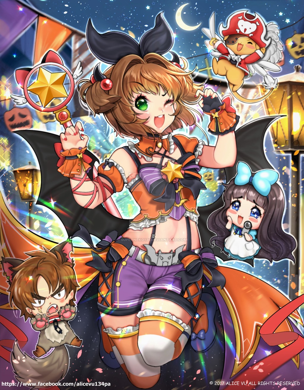 alice_vu antenna_hair brown_hair card card_captor_sakura chibi daidouji_tomoyo gloves green_eyes halloween highres kero kinomoto_sakura li_xiaolang long_hair looking_at_viewer magical_girl navel short_hair smile werewolf white_gloves wings