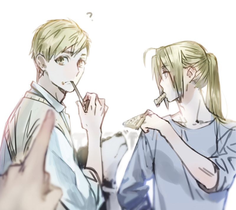 2boys ? alphonse_elric animal blonde_hair brothers den_(fma) dog eating edward_elric expressionless eyebrows_visible_through_hair food fullmetal_alchemist grey_shirt long_hair long_sleeves looking_at_viewer looking_away male_focus multiple_boys noako pie pointing ponytail pov shirt short_hair siblings simple_background white_background white_shirt yellow_eyes