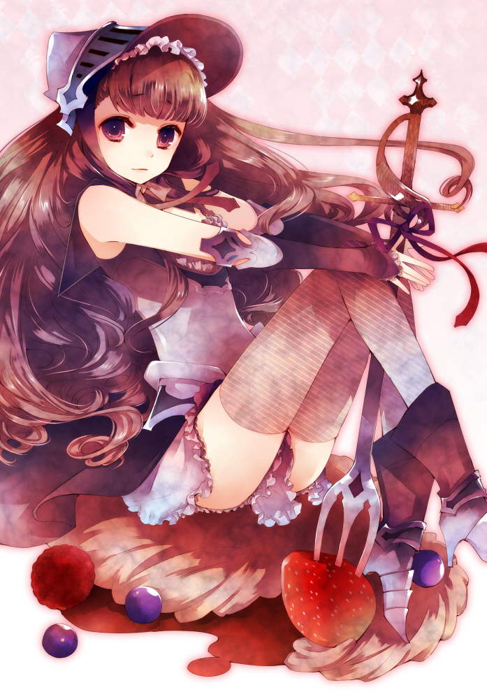 1girl bangs bare_shoulders blunt_bangs bonnet boots brown_hair closed_mouth detached_sleeves dress eyebrows_visible_through_hair fork frilled_dress frills hands_together high_heels kuroyuki long_hair looking_at_viewer looking_to_the_side metal_boots minigirl original pink_eyes sitting solo thigh-highs very_long_hair visor_(armor)