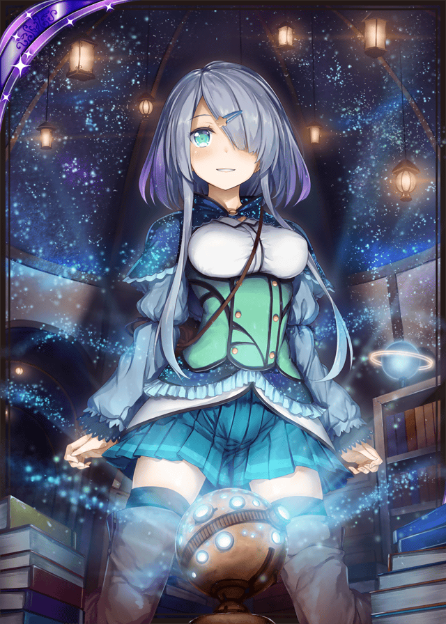 1girl akkijin blue_eyes book boots card_(medium) hair_ornament high_heel_boots high_heels lamp library lolita_fashion looking_at_viewer one_eye_covered orbit planet projector shinkai_no_valkyrie silver_hair solo star thigh-highs