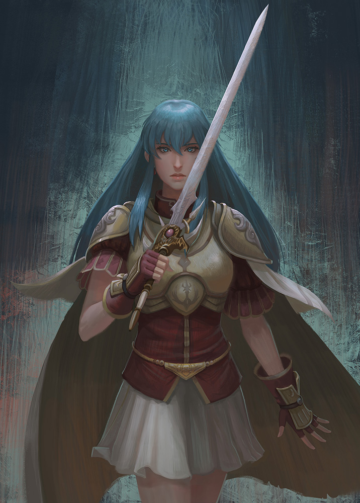 1girl armor blue_eyes blue_hair breastplate cape eirika fire_emblem fire_emblem:_seima_no_kouseki gloves holding holding_sword holding_weapon long_hair looking_at_viewer pauldrons skirt solo sword weapon yagaminoue